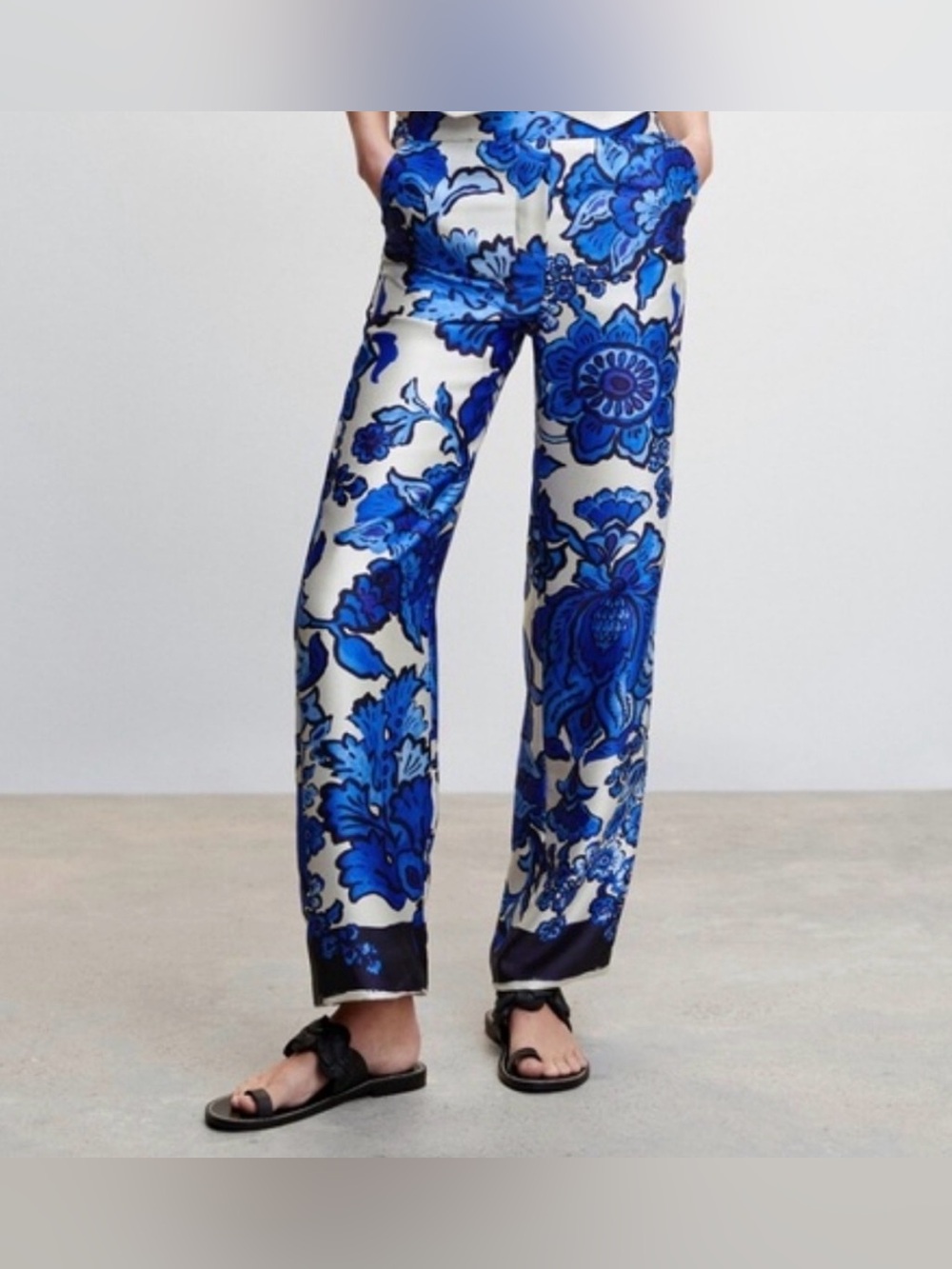 Mango Blue Floral Wide-Leg Satin Pants